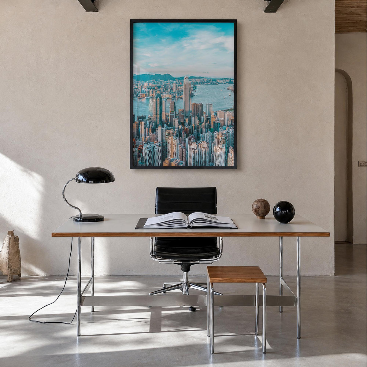 Hong Kong no. 1 colorful photo poster of Asia – vertical wall art in black wood frame, hanging on wall