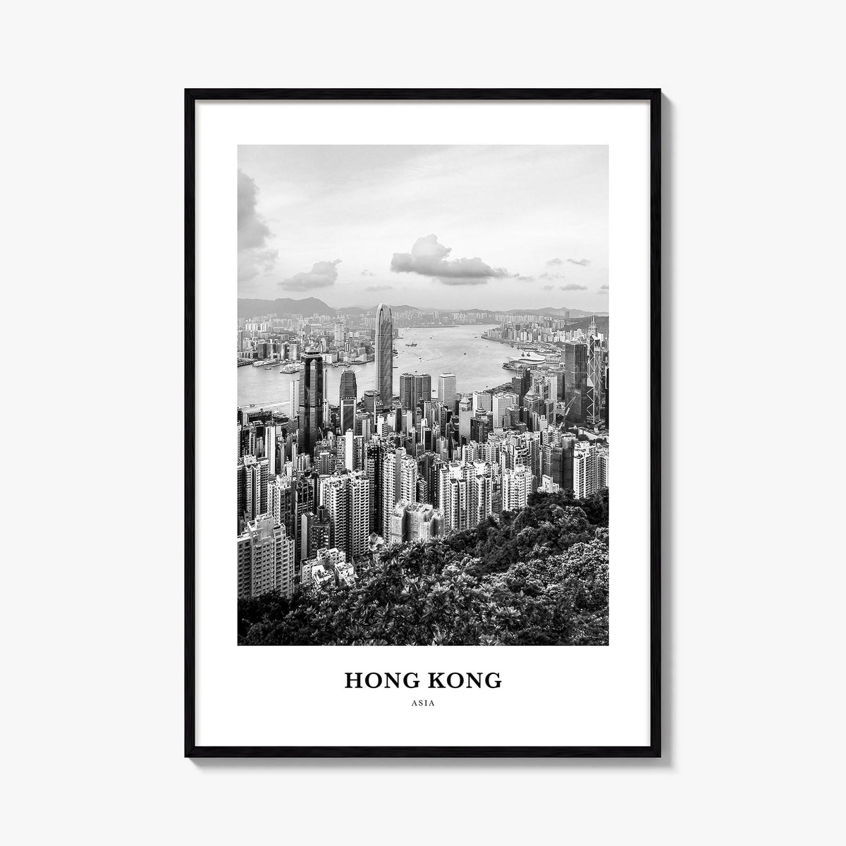 Hong Kong no. 2 black & white classic poster of Asia – vertical wall art, unframed print shown in interior mockup