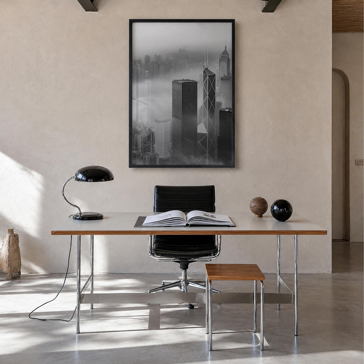 Hong Kong no. 2 black & white photo poster of Asia – vertical wall art in black wood frame, hanging on wall