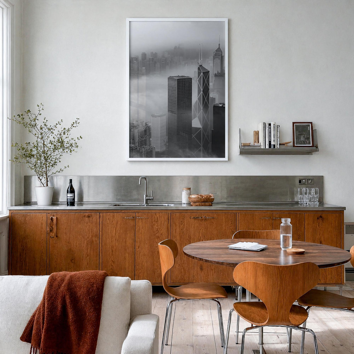 Hong Kong no. 2 black & white photo poster of Asia – vertical wall art in white wood frame, hanging on wall