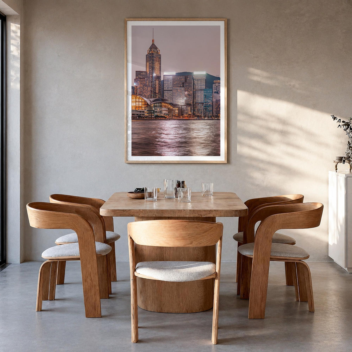 Hong Kong no. 2 colorful photo poster of Asia – vertical wall art in natural wood frame with white border, hanging on wall