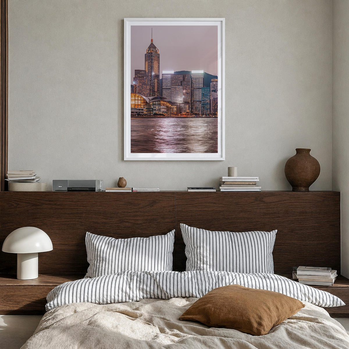 Hong Kong no. 2 colorful photo poster of Asia – vertical wall art in white wood frame with white border, hanging on wall