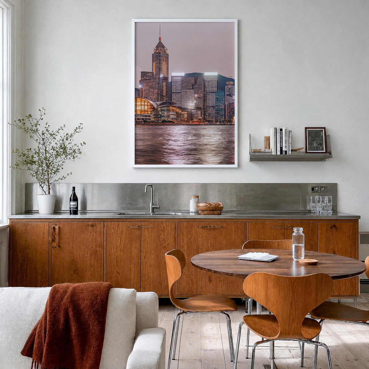 Hong Kong no. 2 colorful photo poster of Asia – vertical wall art in white wood frame, hanging on wall