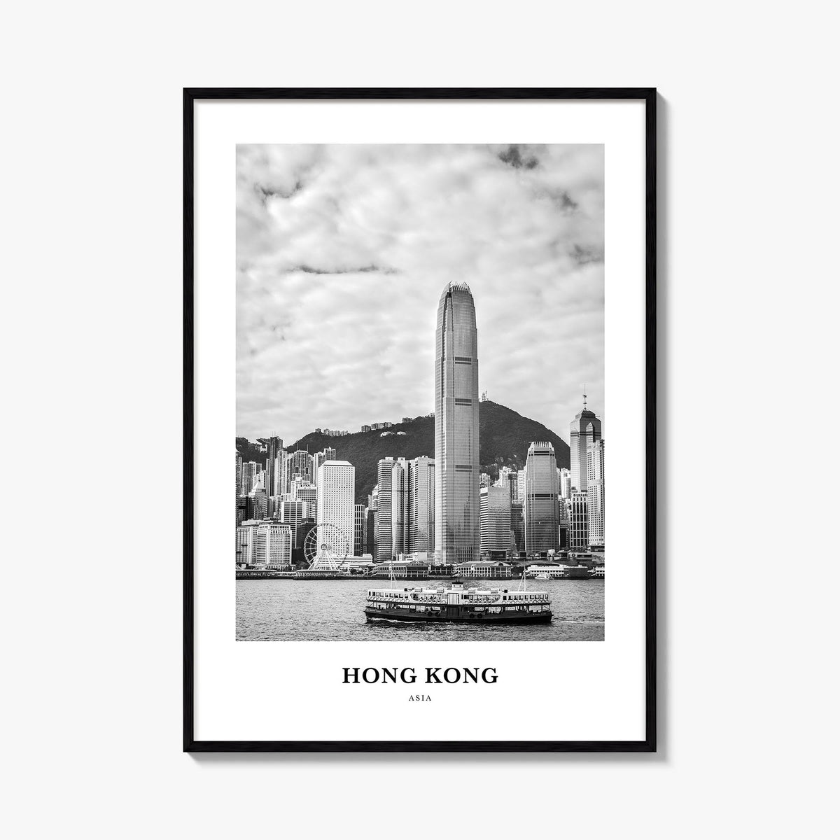 Hong Kong no. 3 black & white classic poster of Asia – vertical wall art, unframed print shown in interior mockup