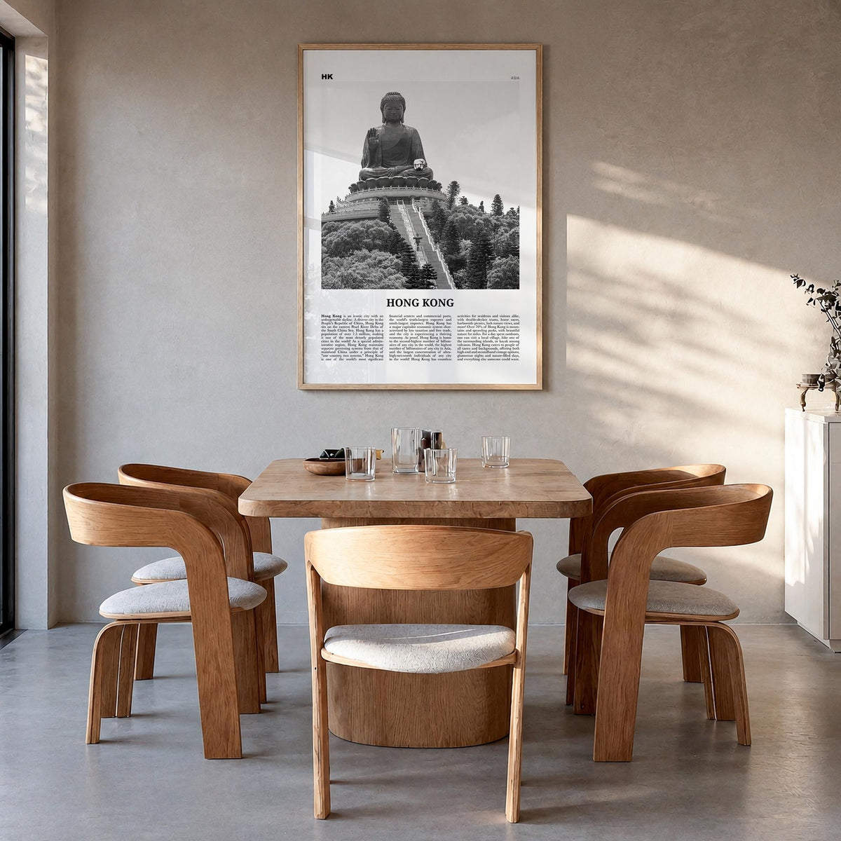 Hong Kong no. 4 black & white newspaper poster of Asia – vertical wall art in natural wood frame, hanging on wall