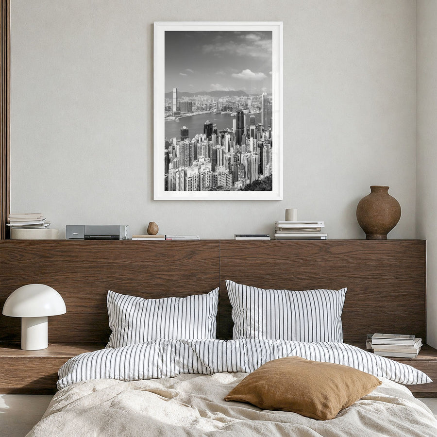 Hong Kong Photo No 1 Poster in a white wood frame, hanging in a bedroom, white border