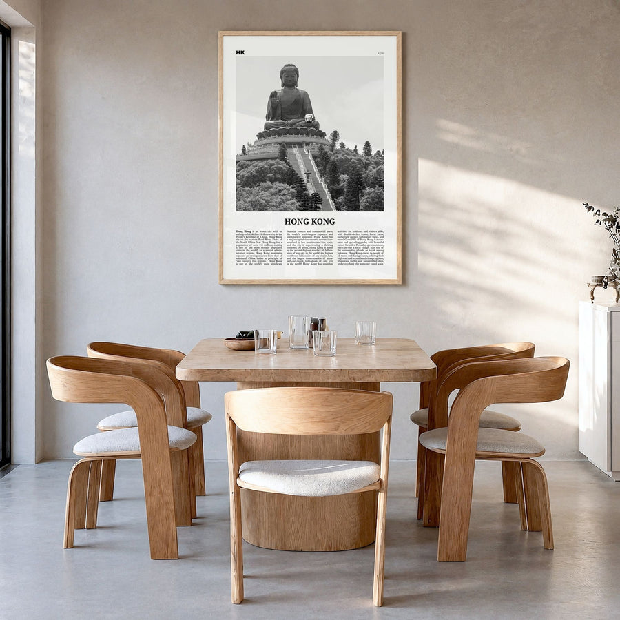 Hong Kong Newspaper No 4 Poster in a natural wood frame, hanging in a dining room