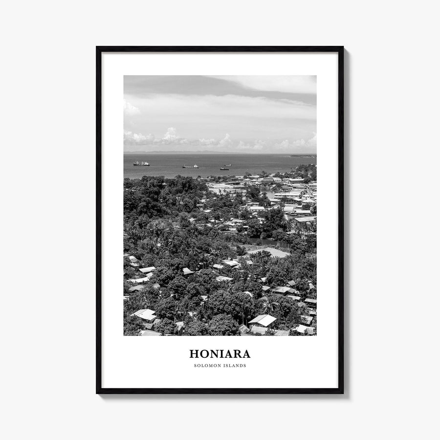 Honiara black & white classic poster of Solomon Islands – vertical wall art, unframed print shown in interior mockup