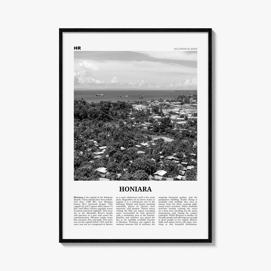 Honiara black & white newspaper poster of Solomon Islands – vertical wall art, unframed print shown in interior mockup