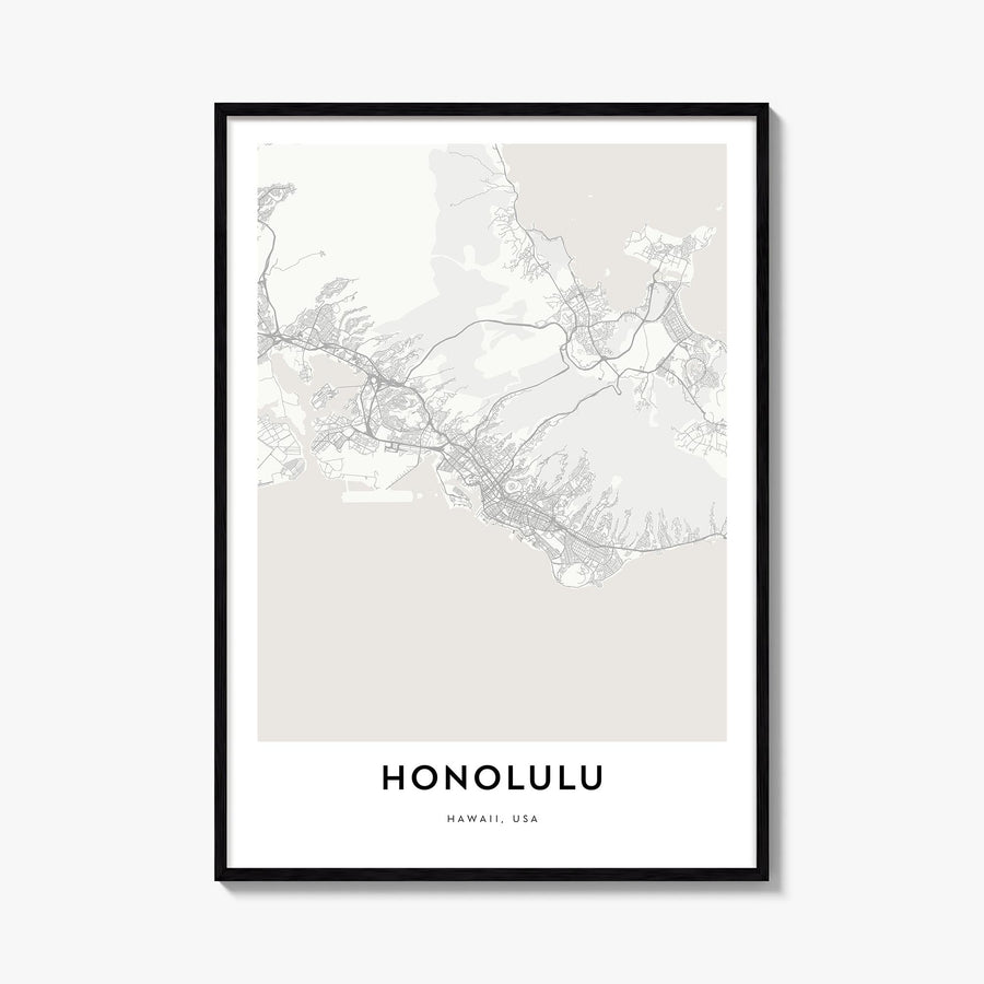 Honolulu black & white map poster of Hawaii, USA – vertical wall art, unframed print shown in interior mockup