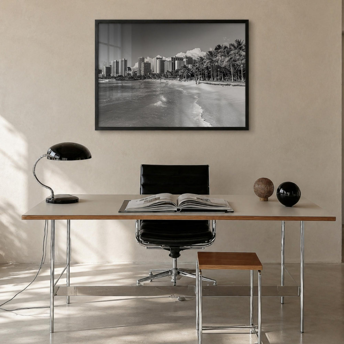 Honolulu black & white photo poster of Hawaii, USA – horizontal wall art in black wood frame, hanging on wall