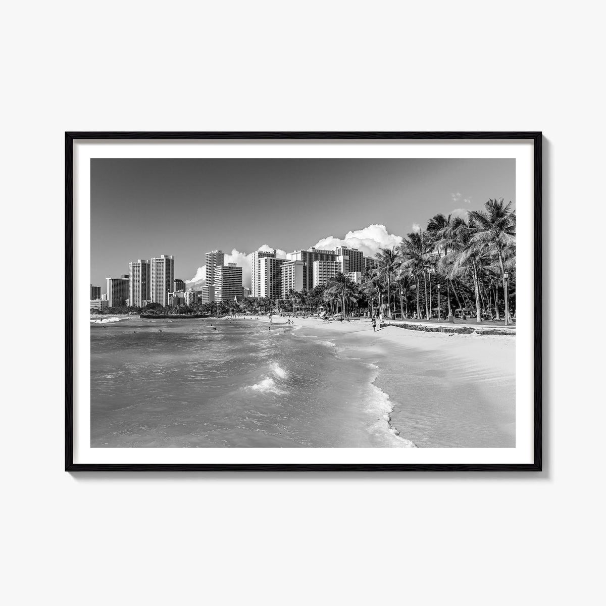 Honolulu black & white photo poster of Hawaii, USA – horizontal wall art, unframed print shown in interior mockup