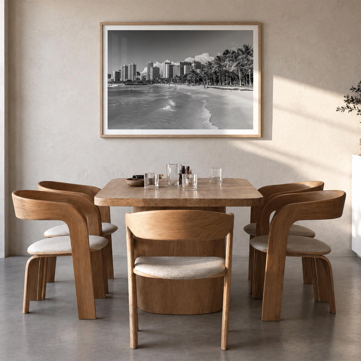 Honolulu black & white photo poster of Hawaii, USA – horizontal wall art in natural wood frame with white border, hanging on 
