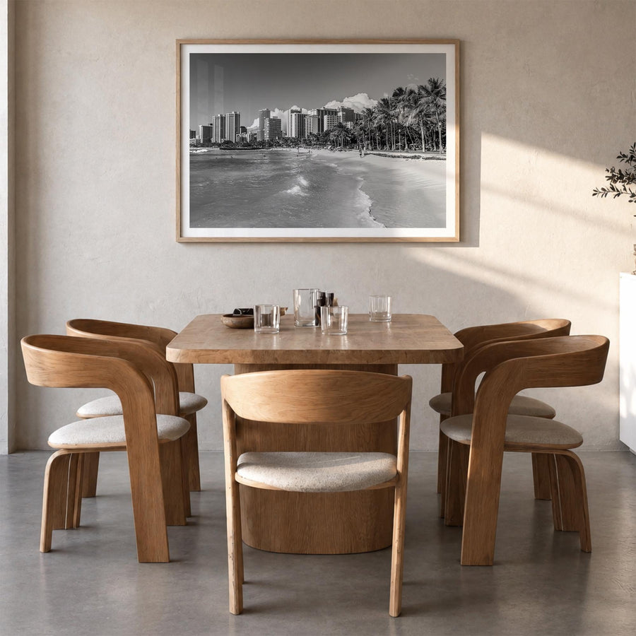 Honolulu black & white photo poster of Hawaii, USA – horizontal wall art in natural wood frame with white border, hanging on 