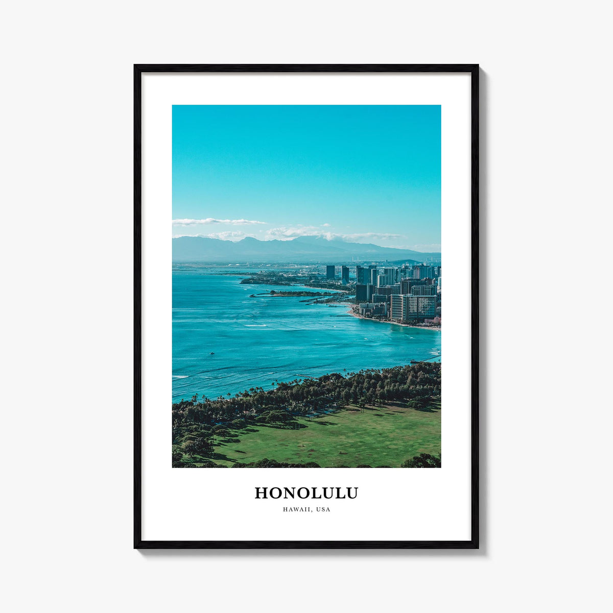 Honolulu colorful classic poster of Hawaii, USA – vertical wall art, unframed print shown in interior mockup