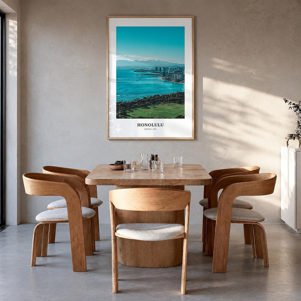 Honolulu colorful classic poster of Hawaii, USA – vertical wall art in natural wood frame, hanging on wall
