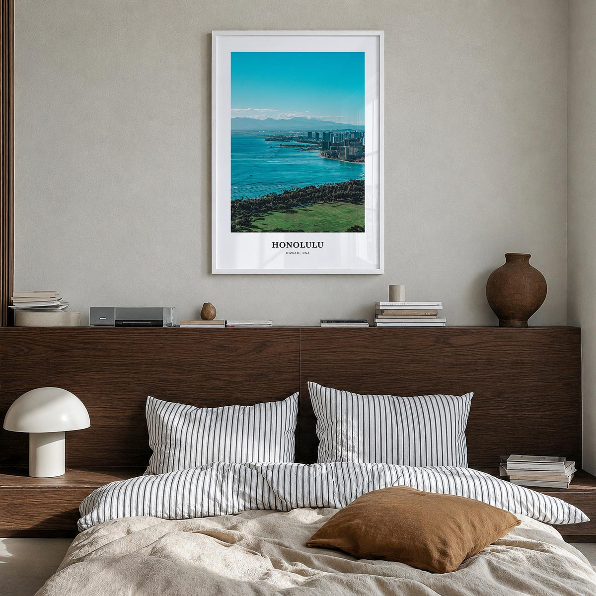 Honolulu colorful classic poster of Hawaii, USA – vertical wall art in white wood frame, hanging on wall