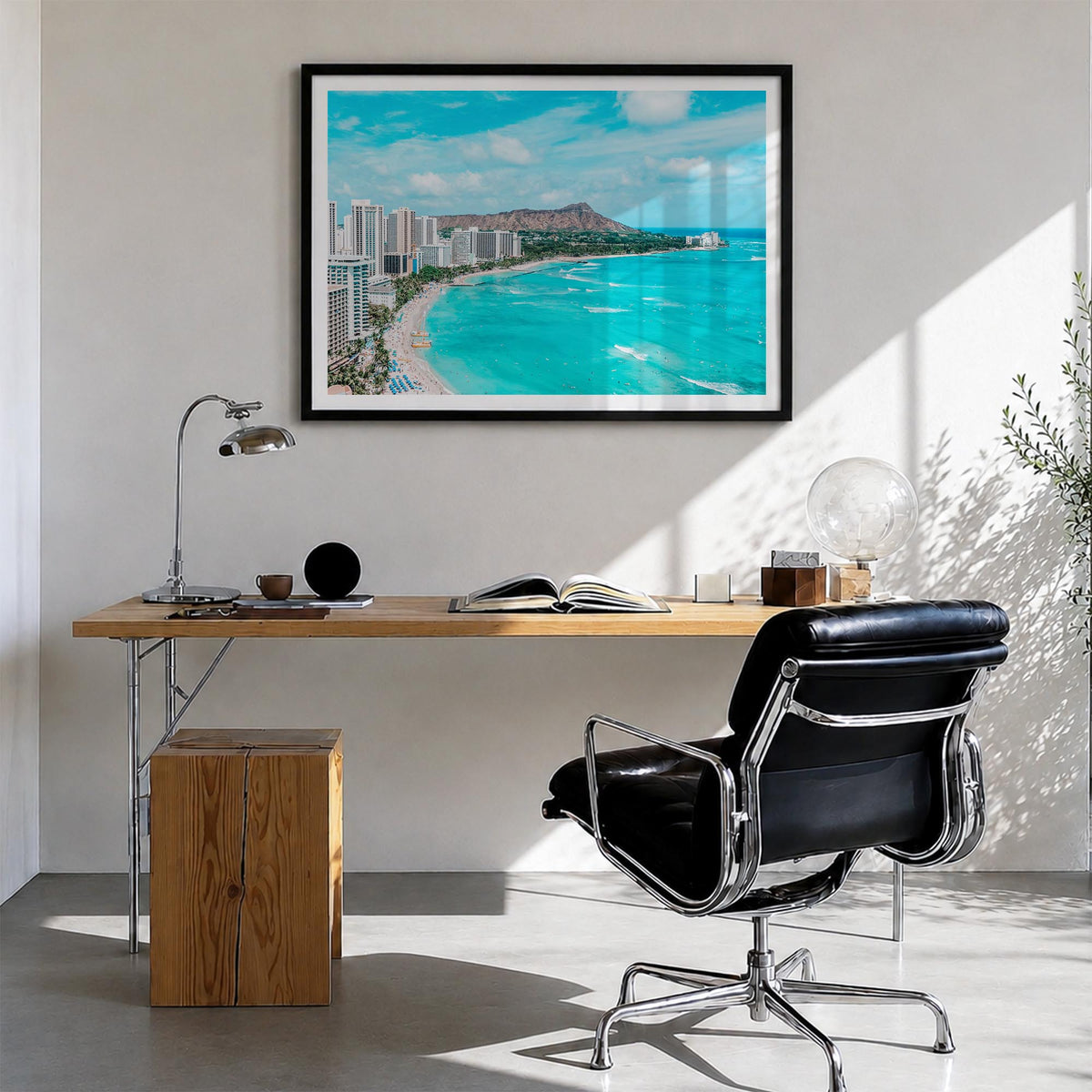 Honolulu colorful photo poster of Hawaii, USA – horizontal wall art in black wood frame with white border, hanging on wall
