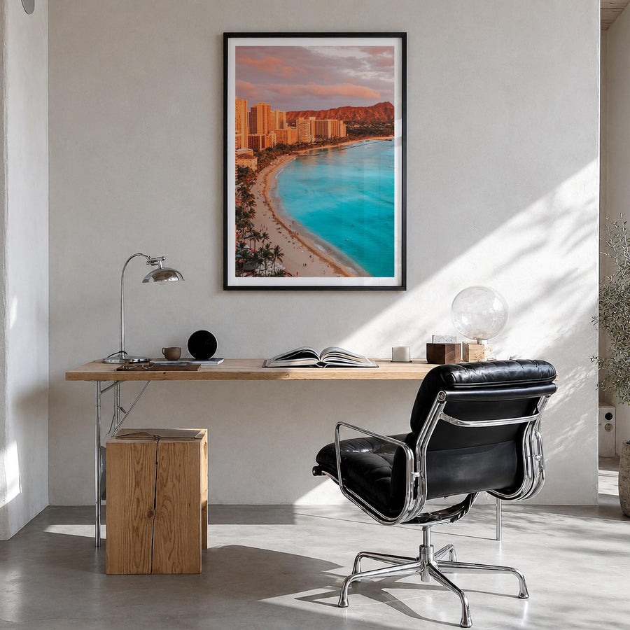 Honolulu colorful photo poster of Hawaii, USA – vertical wall art in black wood frame with white border, hanging on wall