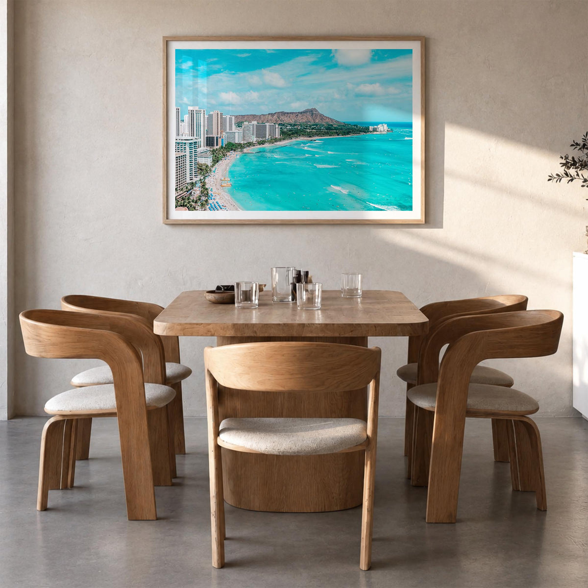 Honolulu colorful photo poster of Hawaii, USA – horizontal wall art in natural wood frame with white border, hanging on wall