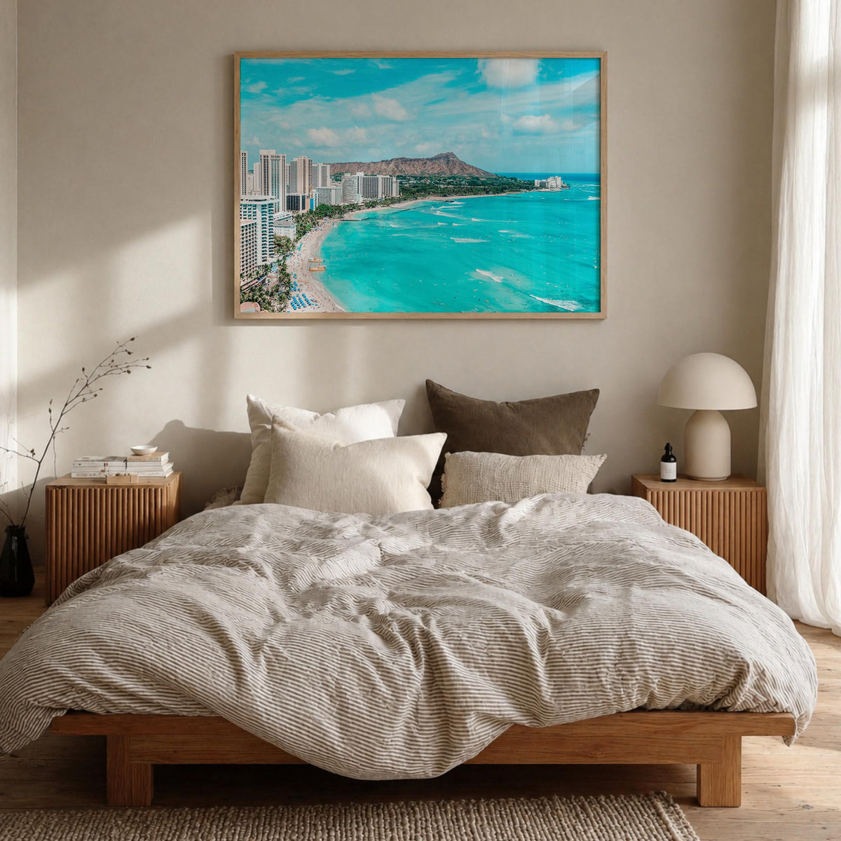 Honolulu colorful photo poster of Hawaii, USA – horizontal wall art in natural wood frame, hanging on wall