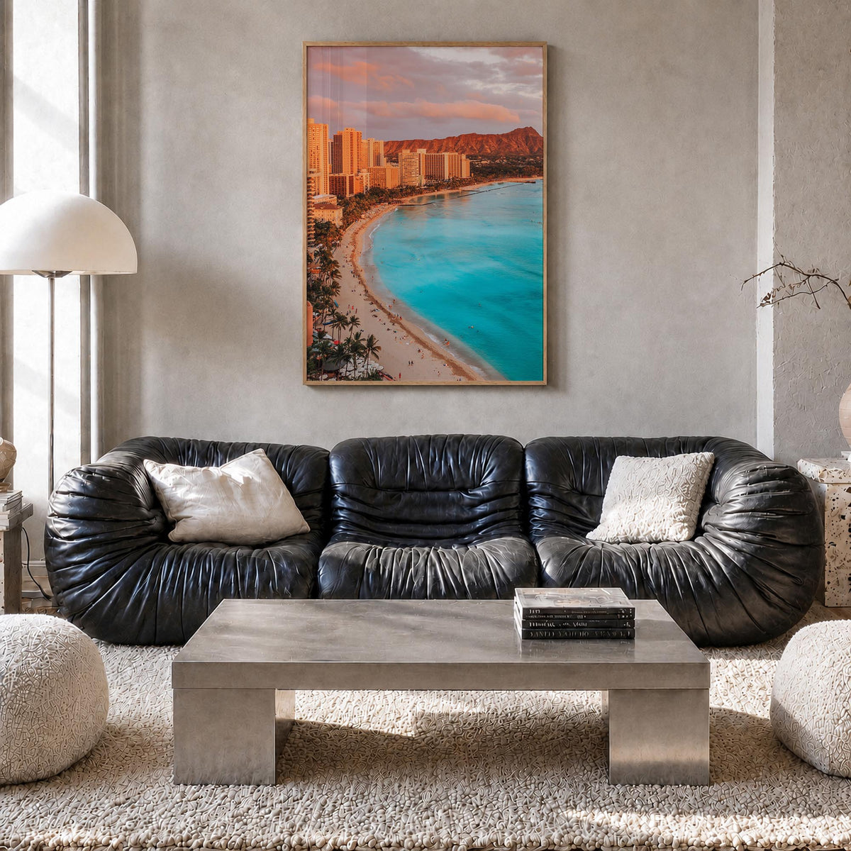 Honolulu colorful photo poster of Hawaii, USA – vertical wall art in natural wood frame, hanging on wall