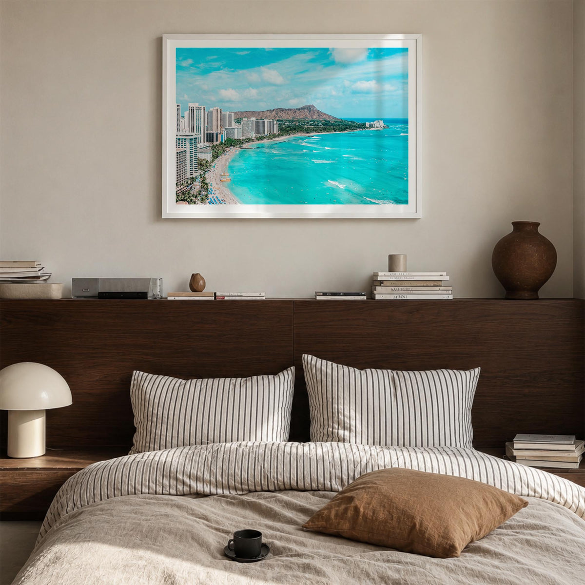 Honolulu colorful photo poster of Hawaii, USA – horizontal wall art in white wood frame with white border, hanging on wall
