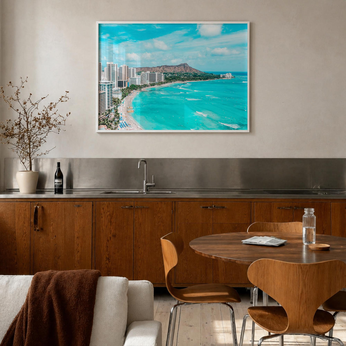 Honolulu colorful photo poster of Hawaii, USA – horizontal wall art in white wood frame, hanging on wall