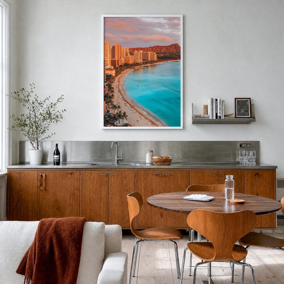 Honolulu colorful photo poster of Hawaii, USA – vertical wall art in white wood frame, hanging on wall