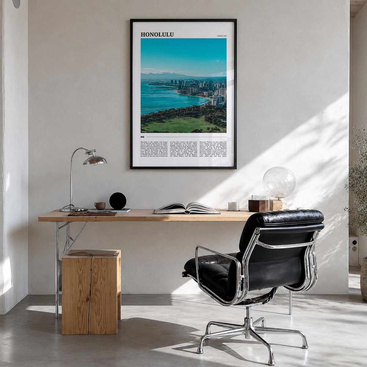 Honolulu colorful travel poster of Hawaii, USA – vertical wall art in black wood frame, hanging on wall