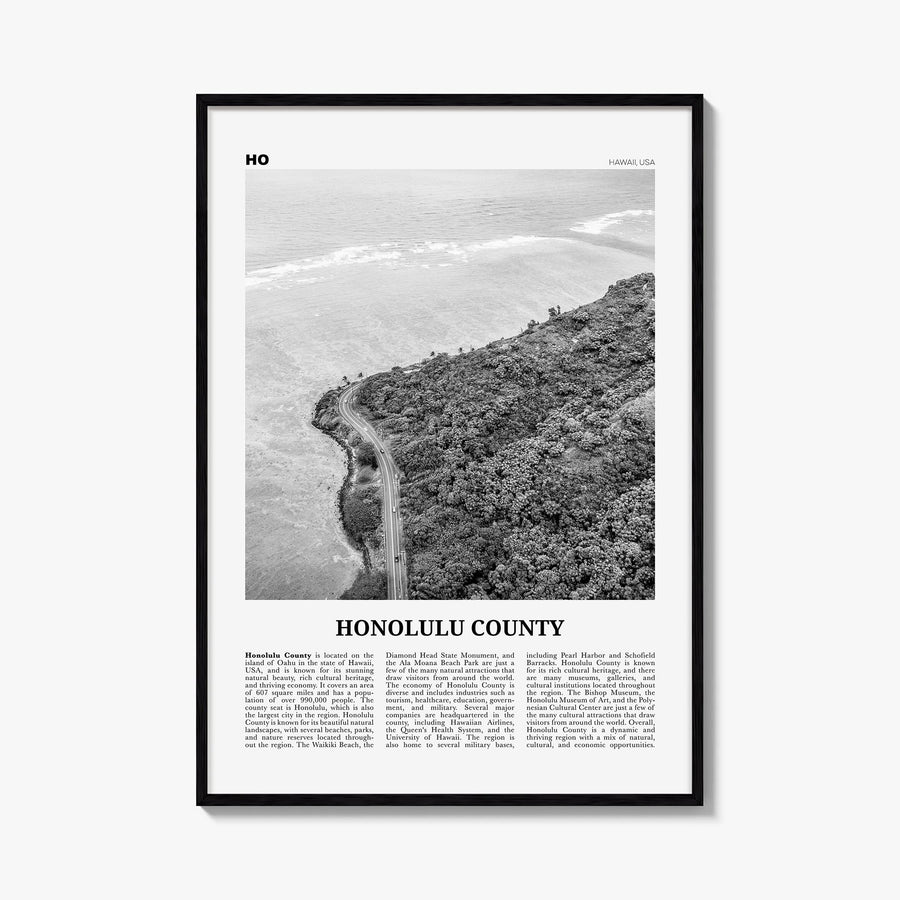 Honolulu County black & white newspaper poster of Hawaii, USA – vertical wall art, unframed print shown in interior mockup