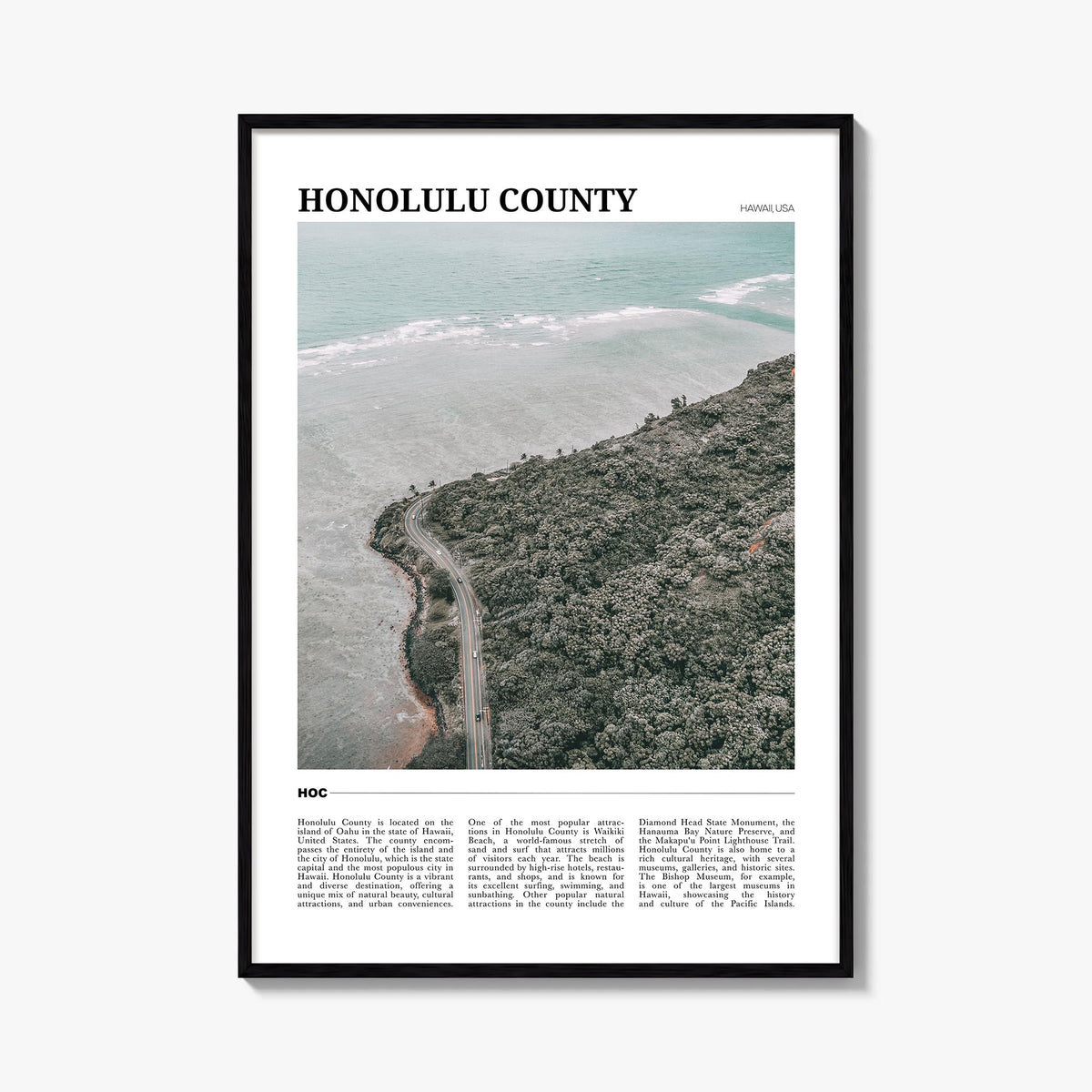 Honolulu County colorful travel poster of Hawaii, USA – vertical wall art, unframed print shown in interior mockup