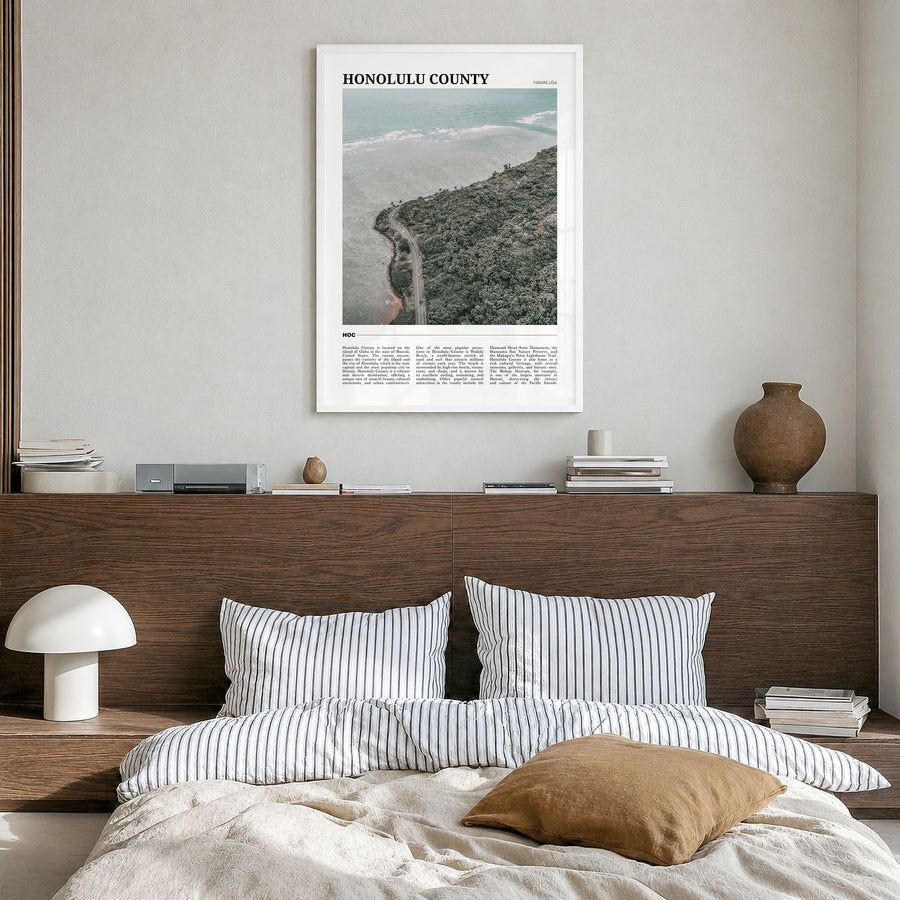 Honolulu County Travel Poster in a white wood frame, hanging in a bedroom