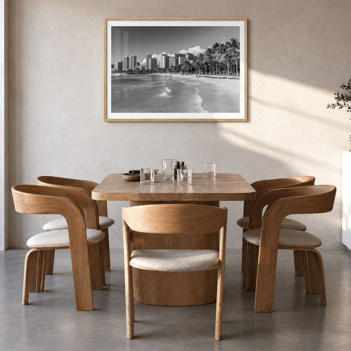 Honolulu Photo Poster in a natural wood frame, hanging in a dining room, white border