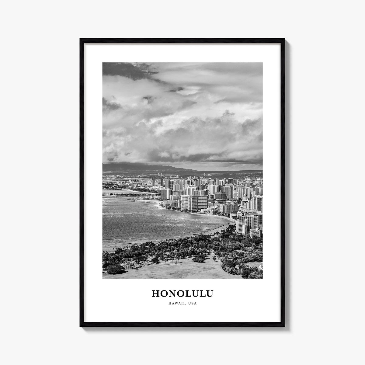 Honolulu no. 1 black & white classic poster of Hawaii, USA – vertical wall art, unframed print shown in interior mockup