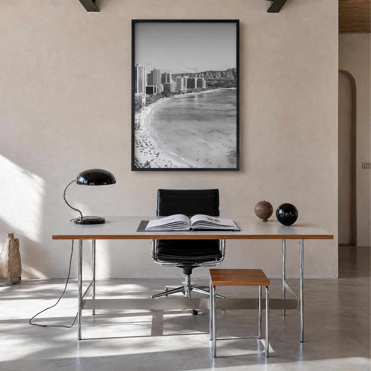 Honolulu no. 1 black & white photo poster of Hawaii, USA – vertical wall art in black wood frame, hanging on wall