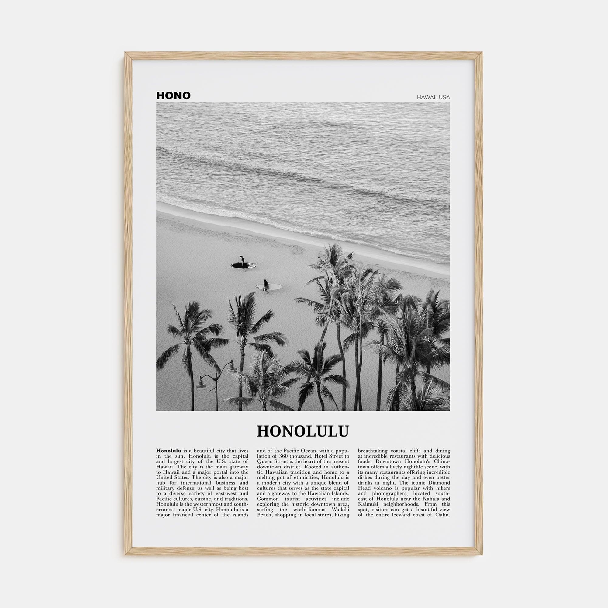 Honolulu No 1 Poster Natural Wood / 8x12 in Nbourhood Travel B&W Poster