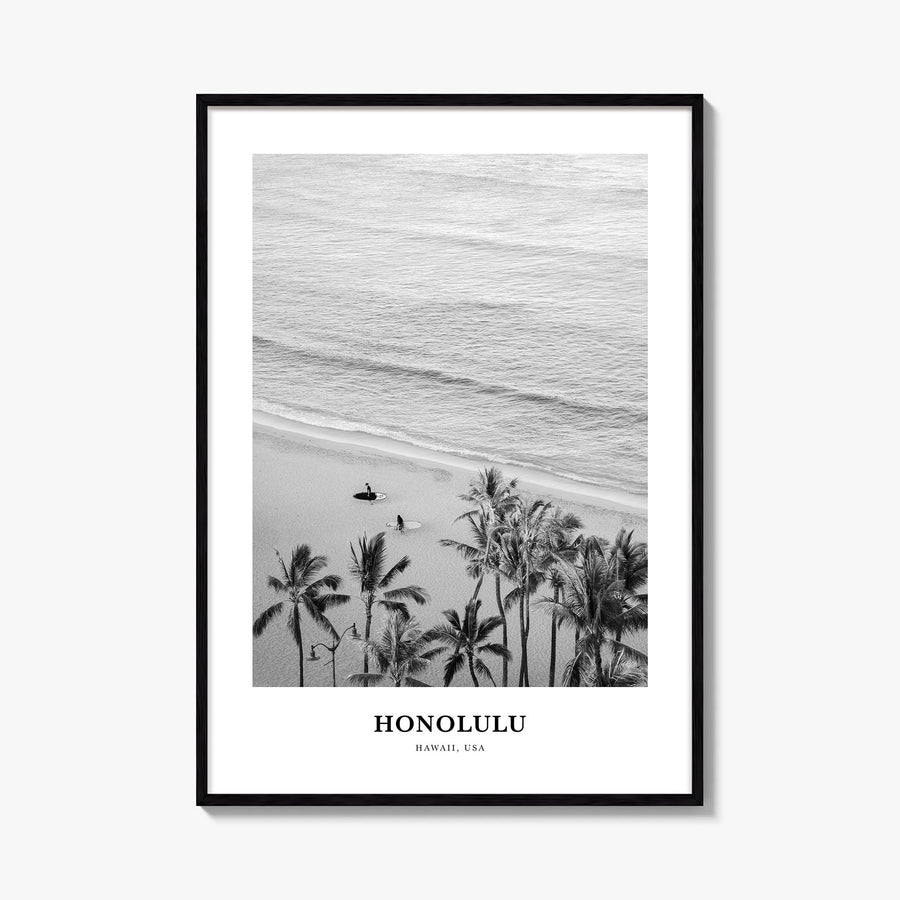 Honolulu no. 2 black & white classic poster of Hawaii, USA – vertical wall art, unframed print shown in interior mockup