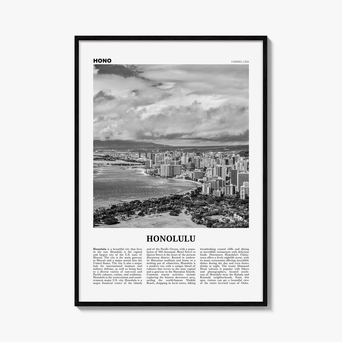 Honolulu no. 2 black & white newspaper poster of Hawaii, USA – vertical wall art, unframed print shown in interior mockup