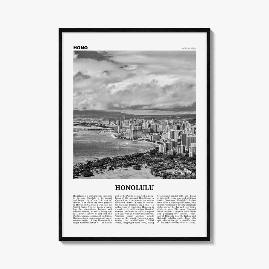 Honolulu no. 2 black & white newspaper poster of Hawaii, USA – vertical wall art, unframed print shown in interior mockup