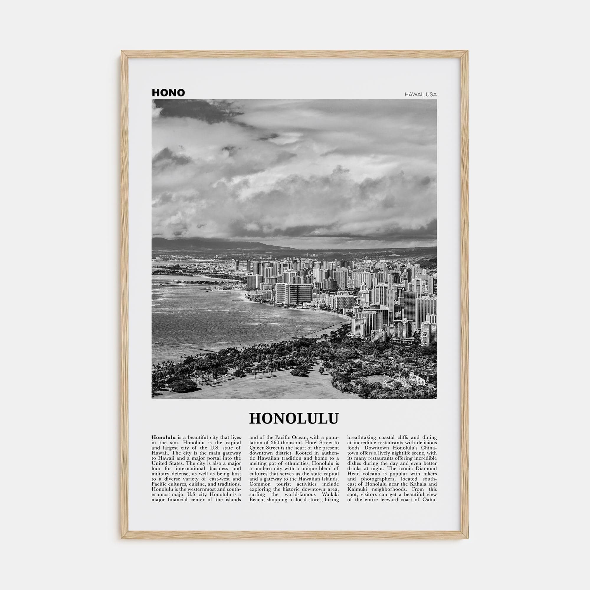 Honolulu No 2 Poster Natural Wood / 8x12 in Nbourhood Travel B&W Poster