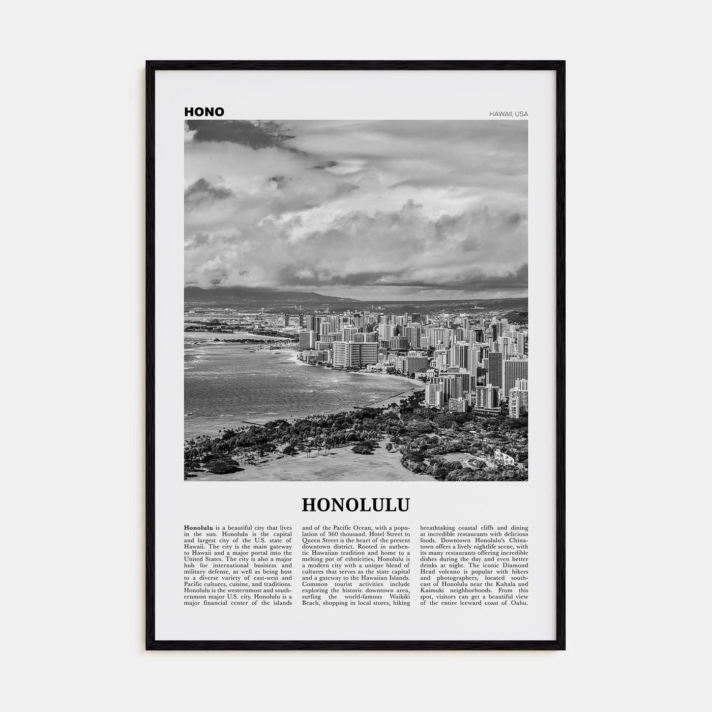 Honolulu No 2 Poster Black Wood / 8x12 in Nbourhood Travel B&W Poster