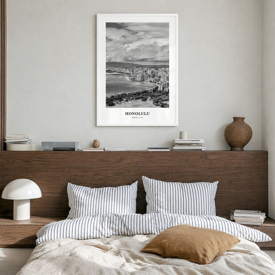 Honolulu Classic No 1 Poster in a white wood frame, hanging in a bedroom