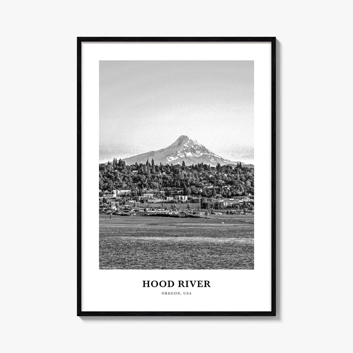 Hood River black & white classic poster of Oregon, USA – vertical wall art, unframed print shown in interior mockup