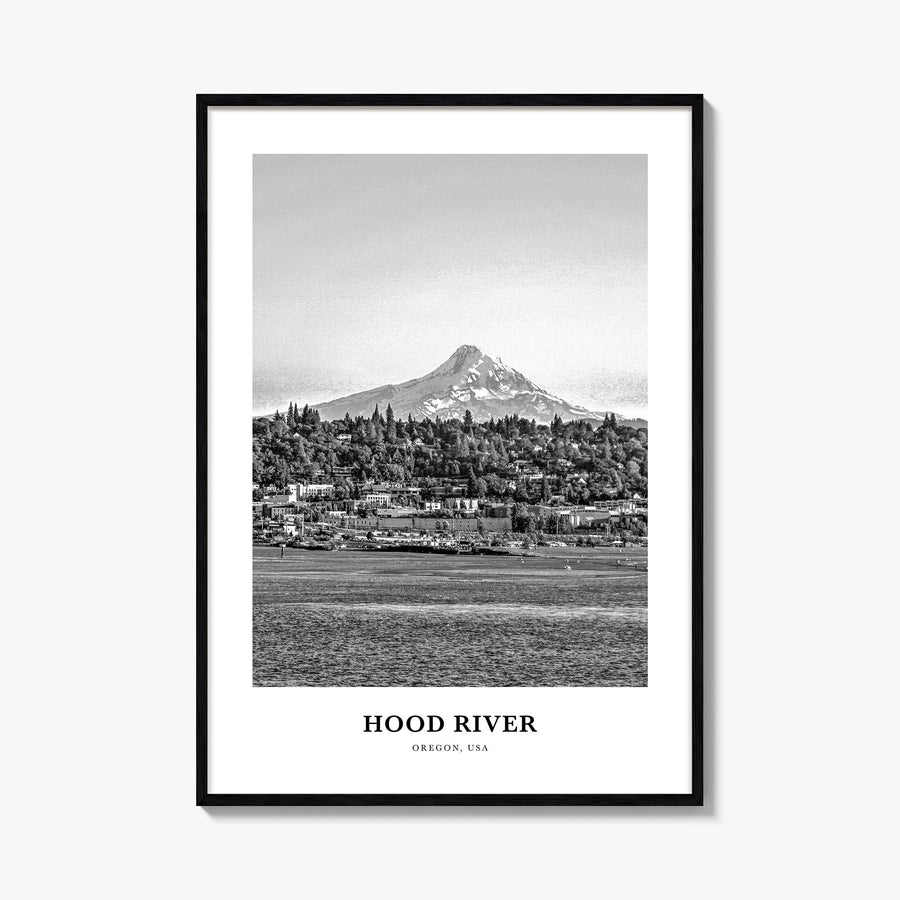 Hood River black & white classic poster of Oregon, USA – vertical wall art, unframed print shown in interior mockup