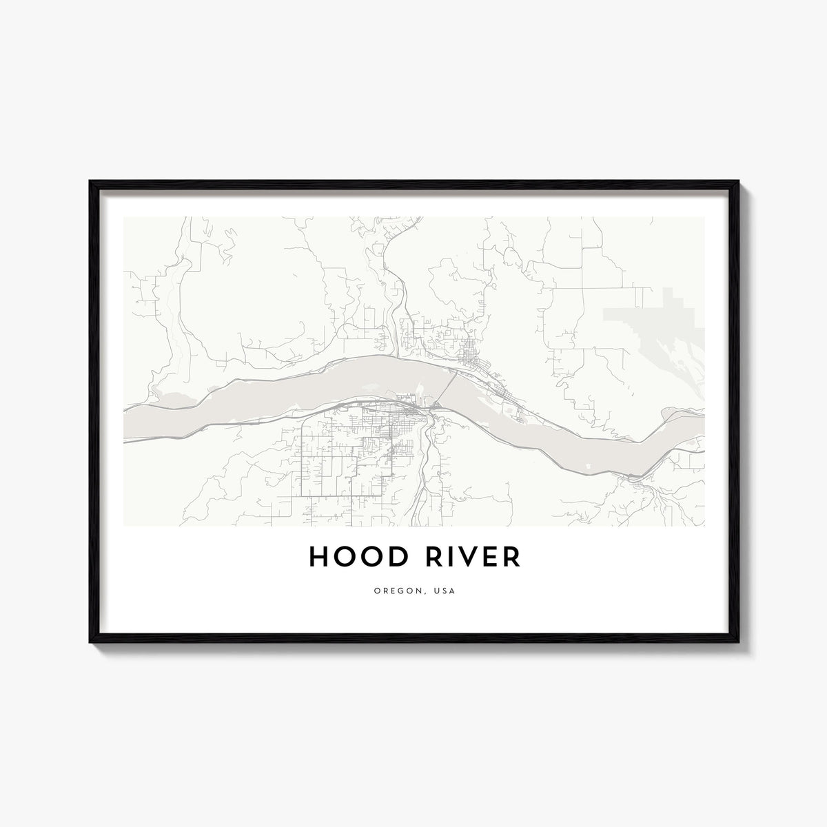 Hood River black & white map poster of Oregon, USA – horizontal wall art, unframed print shown in interior mockup