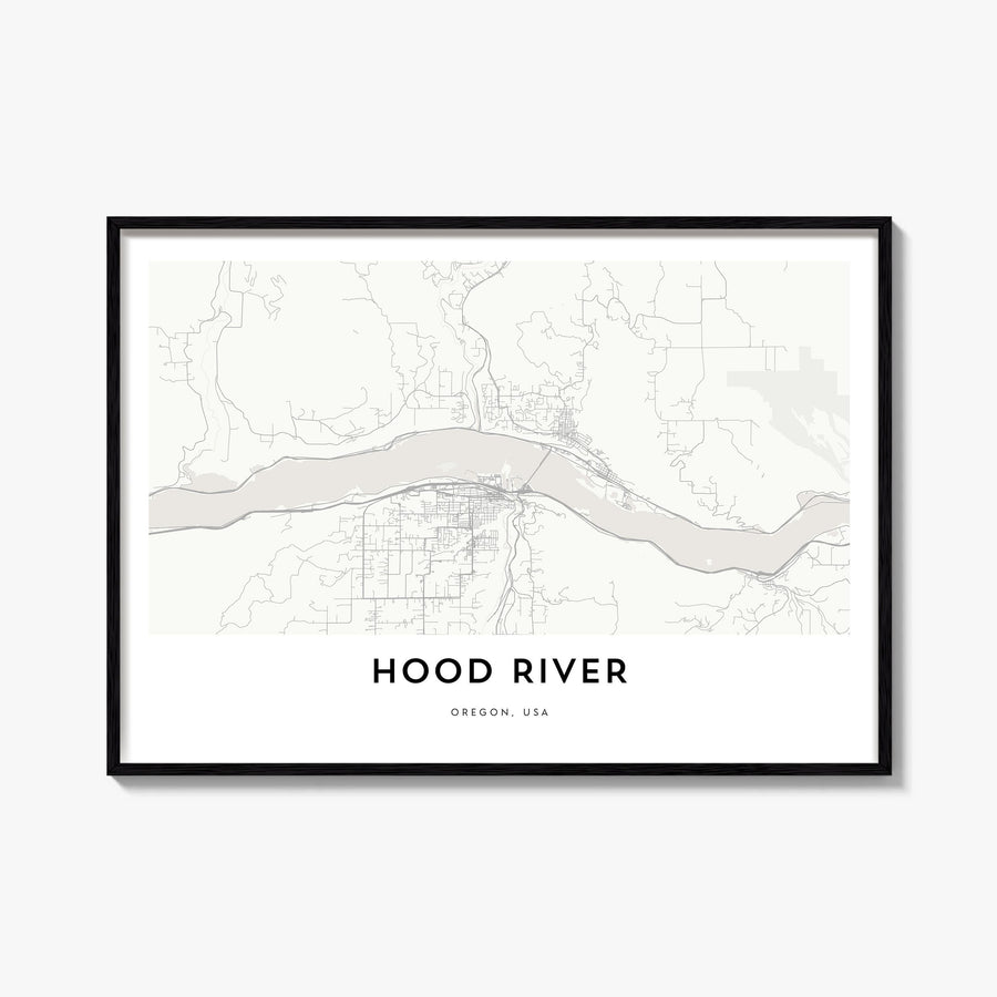 Hood River black & white map poster of Oregon, USA – horizontal wall art, unframed print shown in interior mockup