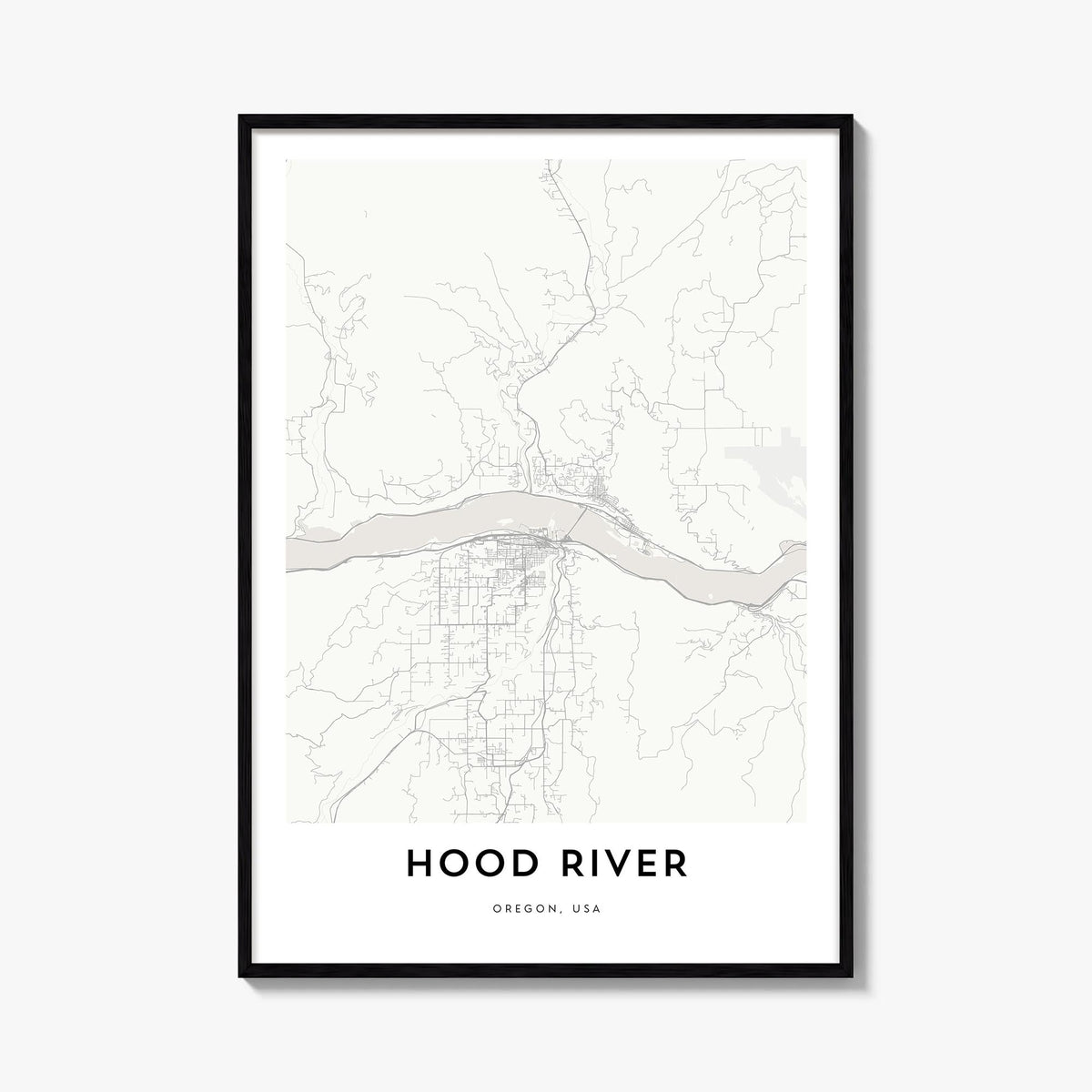 Hood River black & white map poster of Oregon, USA – vertical wall art, unframed print shown in interior mockup