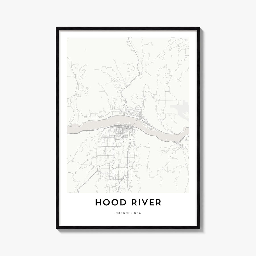 Hood River black & white map poster of Oregon, USA – vertical wall art, unframed print shown in interior mockup