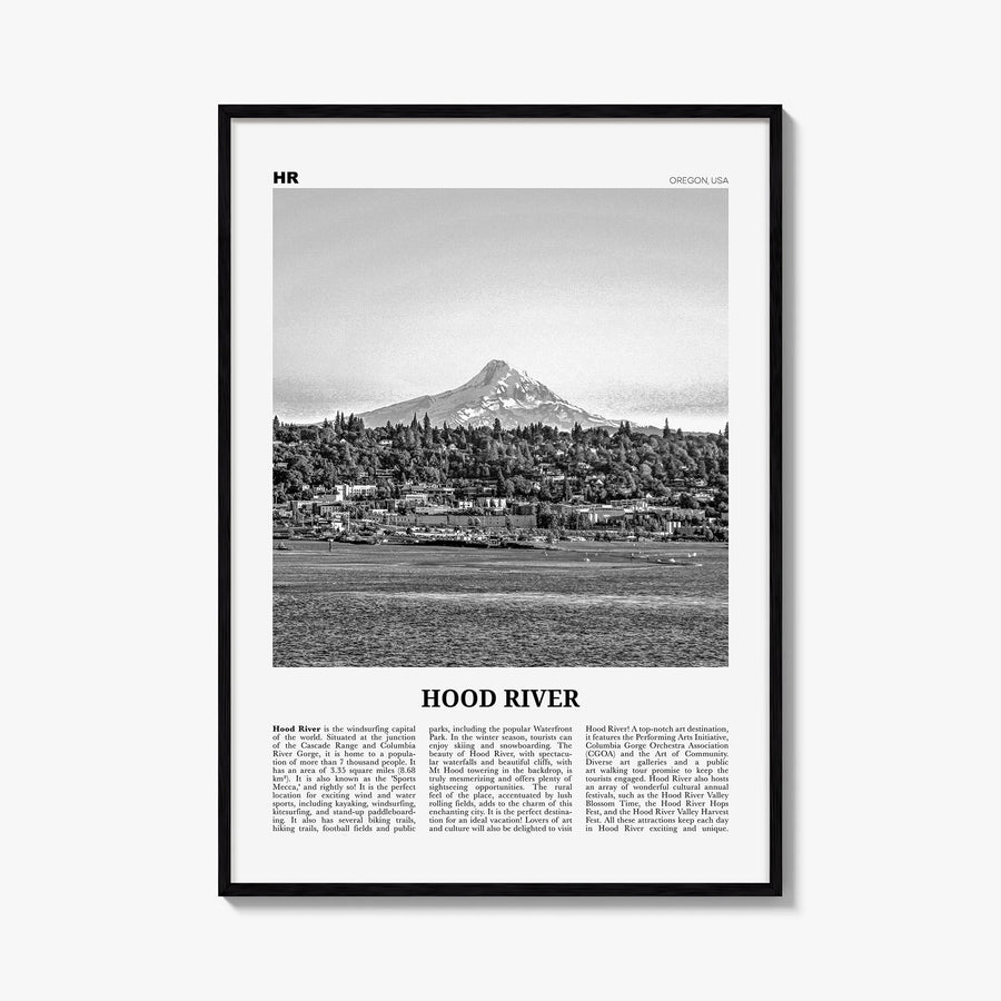 Hood River black & white newspaper poster of Oregon, USA – vertical wall art, unframed print shown in interior mockup